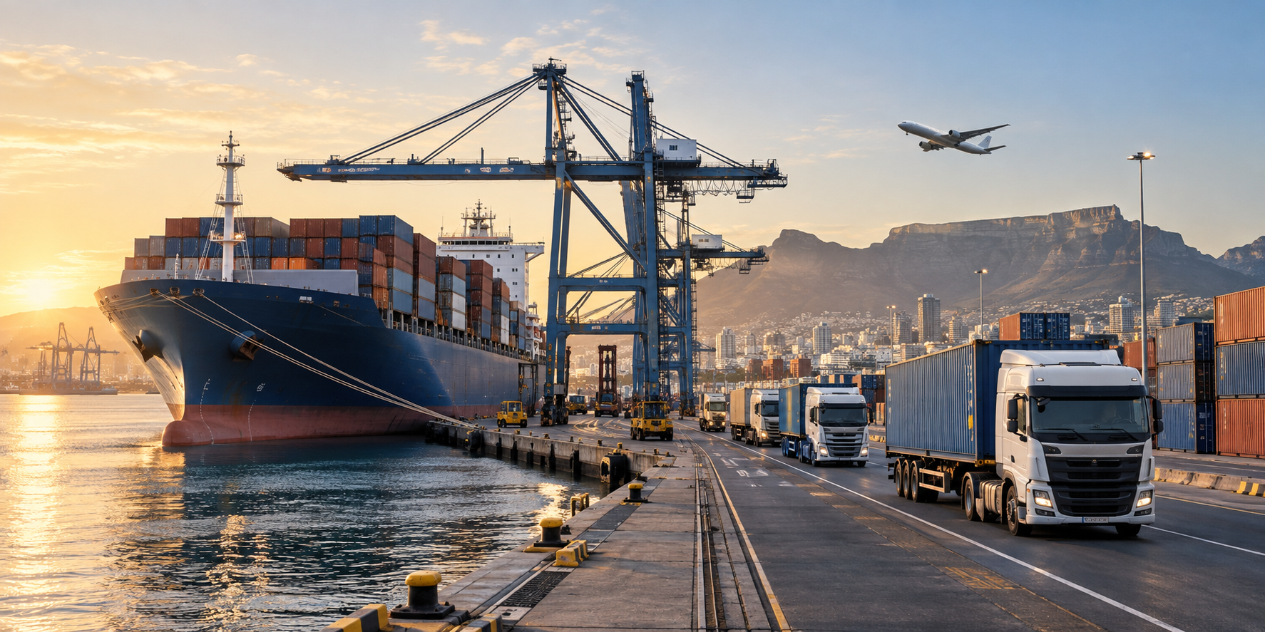 Container ship, cargo aircraft, and freight trucks at a modern trade port
